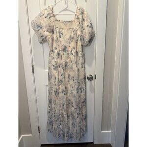 Baltic Born Blue Ivory Floral Ruffle Square Neck Smocked Tiered Maxi Dress 1X